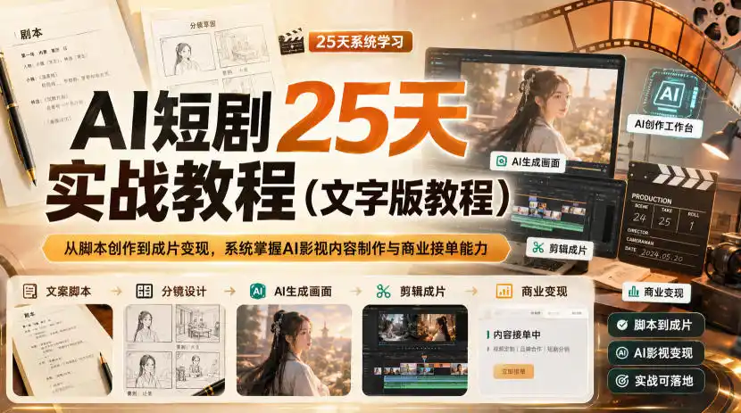 AI短剧25天实战教程(文字版教程)，从脚本创作到成片变现，系统掌握AI影视内容制作与商业接单能力-副业淘金网
