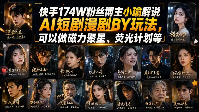 快手174W粉丝博主小瑜解说AI短剧漫剧搬运玩法，可以做磁力聚星、荧光计划等-副业淘金网