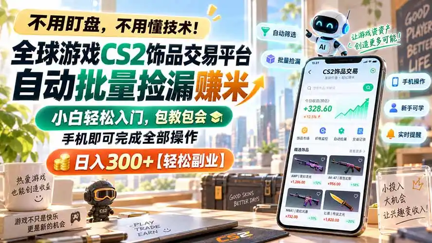 全球游戏CS2饰品交易平台自动批量捡漏赚米，小白轻松入门，包教包会，手机即可完成全部操作，日入300+【轻松副业】-副业淘金网