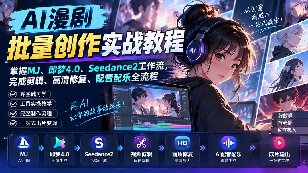 AI漫剧批量创作实战教程：掌握MJ、即梦4.0、Seedance2工作流，完成剪辑、高清修复、配音配乐全流程-副业淘金网