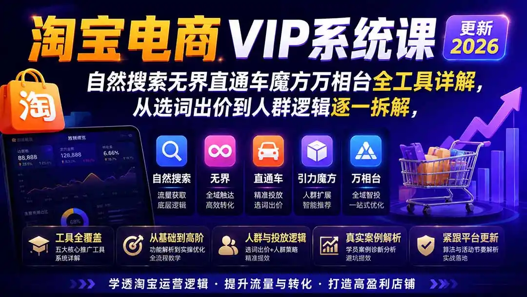 2026淘宝电商终局之战VIP课-更新：自然搜索+直通车+无界+精准人群，系统掌握测款动销与全店推广布局方法-副业淘金网