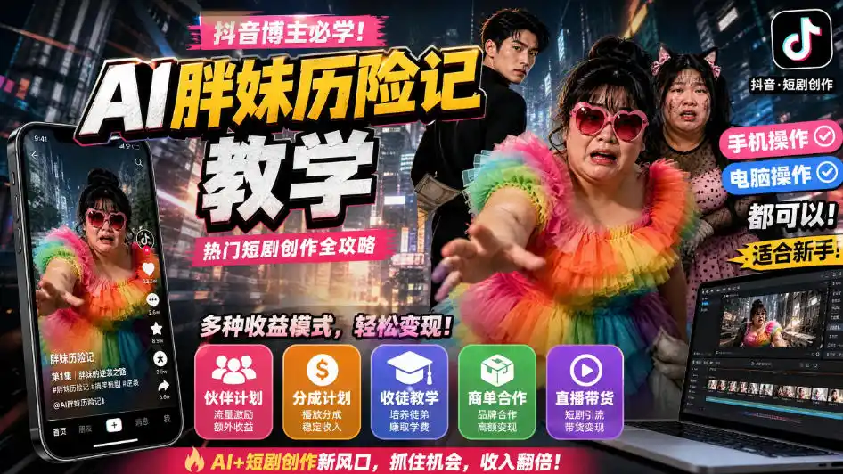 抖音博主的AI胖妹历险记教学，伙伴计划+分成计划+收徒+商单等多种收益，适合新手，手机电脑都可以操作-副业淘金网