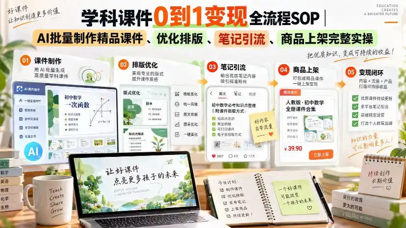 学科课件0到1变现全流程SOP｜AI批量制作精品课件、优化排版、笔记引流、商品上架完整实操-副业淘金网