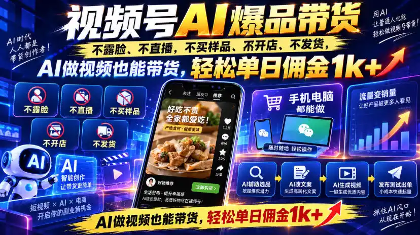 视频号Ai爆品带货，不露脸、不直播、不买样品、不开店、不发货，AI做视频也能带货，轻松单日佣金1k+-副业淘金网