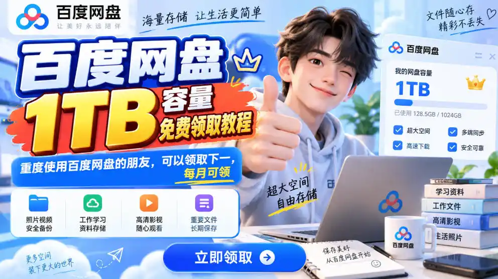 百度网盘1TB容量免费领取教程，重度使用百度网盘的朋友，可以领取下一，每月可领-副业淘金网