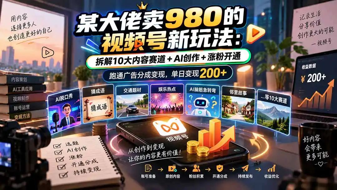 某大佬卖980的视频号新玩法：拆解10大内容赛道+AI创作+涨粉开通，跑通广告分成变现，单日变现200+-副业淘金网