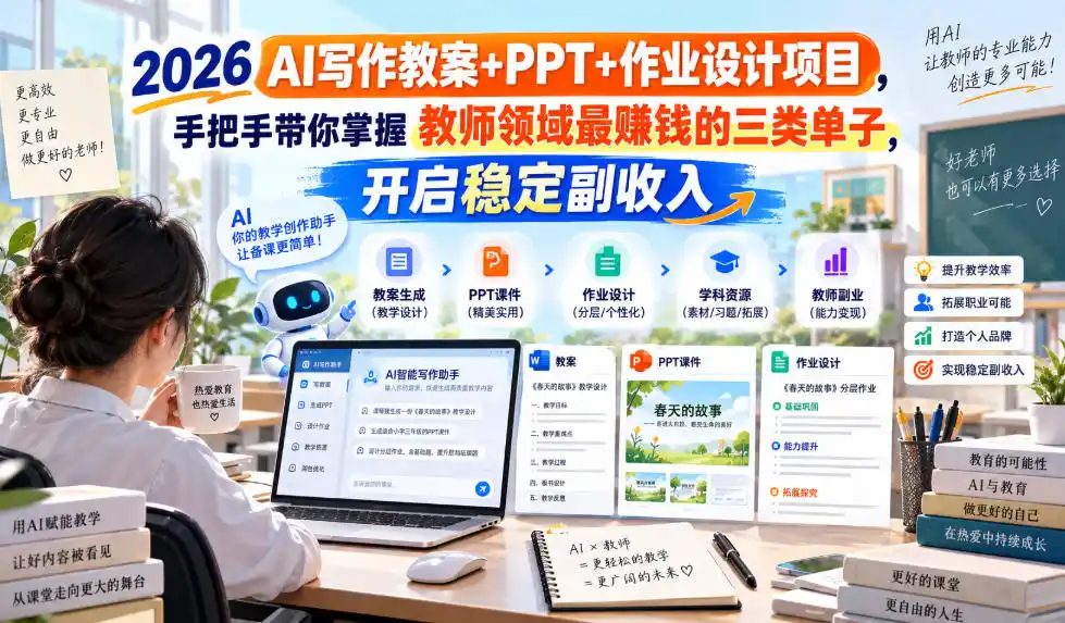 2026 AI写作教案+PPT+作业设计项目，手把手带你掌握教师领域最賺钱的三类单子，开启稳定副收入-副业淘金网