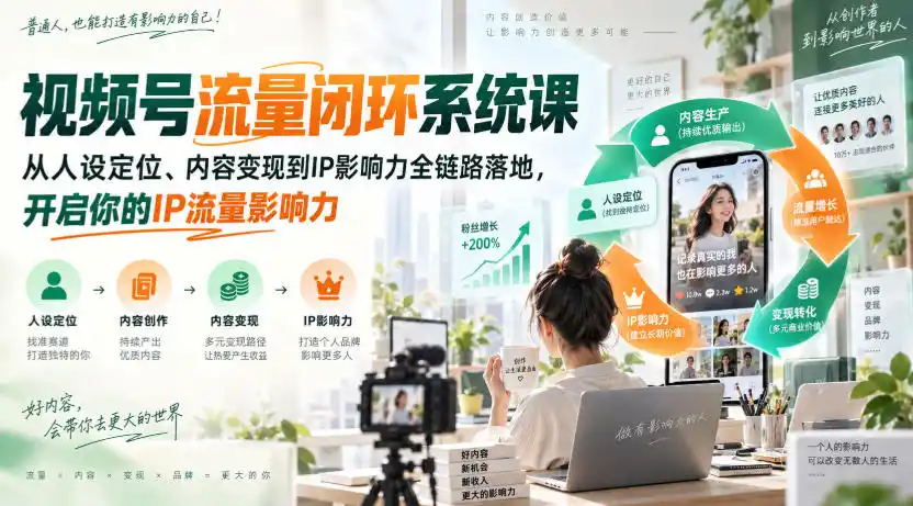 视频号流量闭环系统课，从人设定位、内容变现到IP影响力全链路落地，开启你的IP流量影响力-副业淘金网