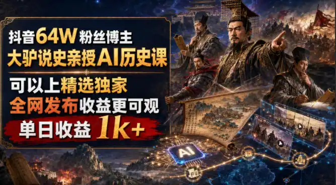抖音64W粉丝博主大驴说史亲授AI历史课，可以上精选独家，全网发布收益更可观，单日收益1k+(更新)-副业淘金网