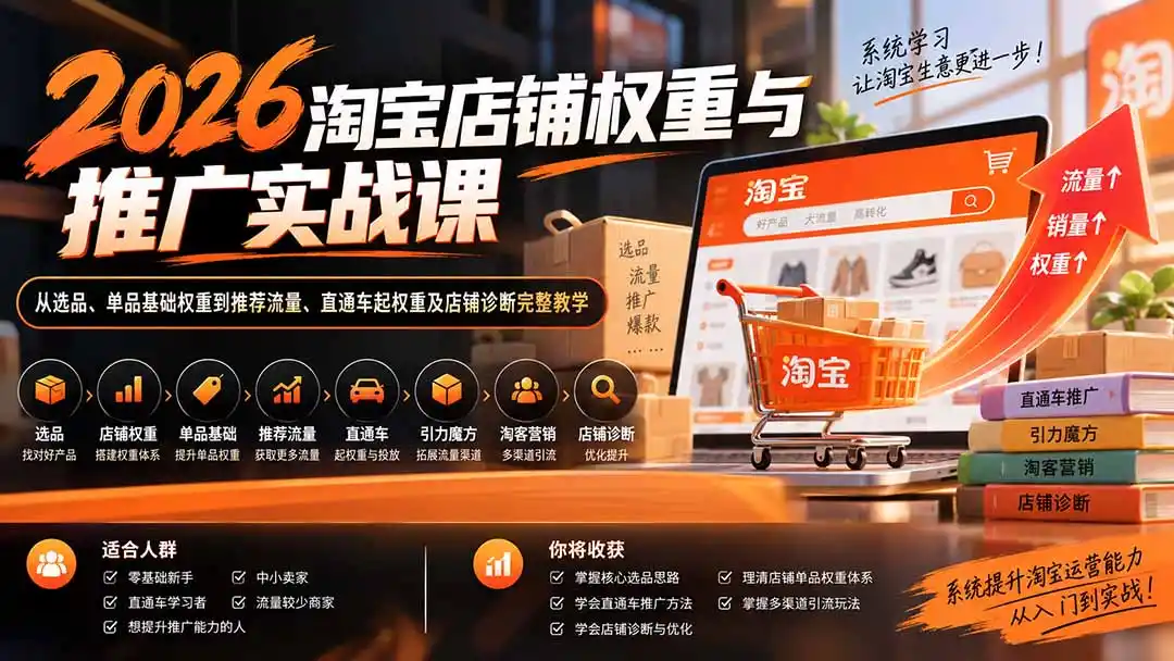 2026淘宝店铺权重与推广实战课：从选品、单品基础权重到推荐流量、直通车起权重及店铺诊断完整教学-副业淘金网