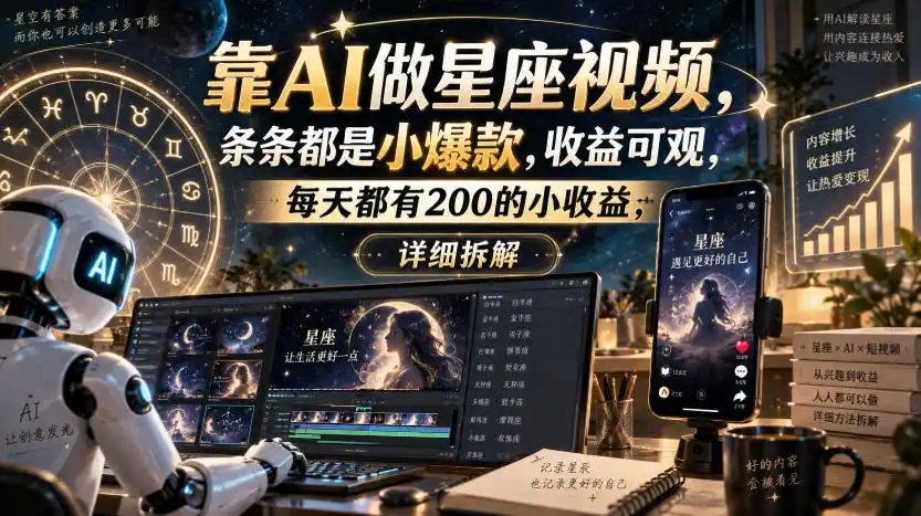 靠AI做星座视频，条条都是小爆款，收益可观，每天都有200的小收益，详细拆解-副业淘金网