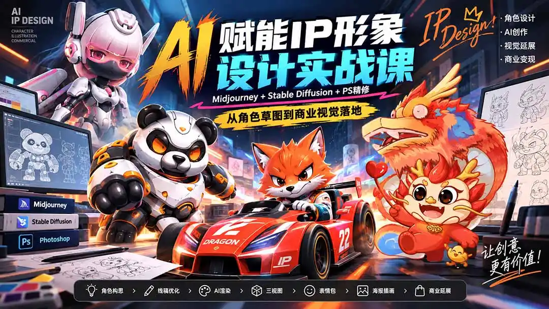 AI赋能IP形象设计实战课-无水印：Midjourney+Stable Diffusion+PS精修，从角色草图到商业视觉落地-副业淘金网