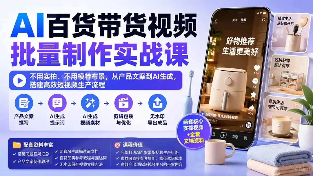 AI百货带货视频批量制作实战课：不用实拍、不用模特布景，从产品文案到AI生成，搭建高效短视频生产流程-副业淘金网