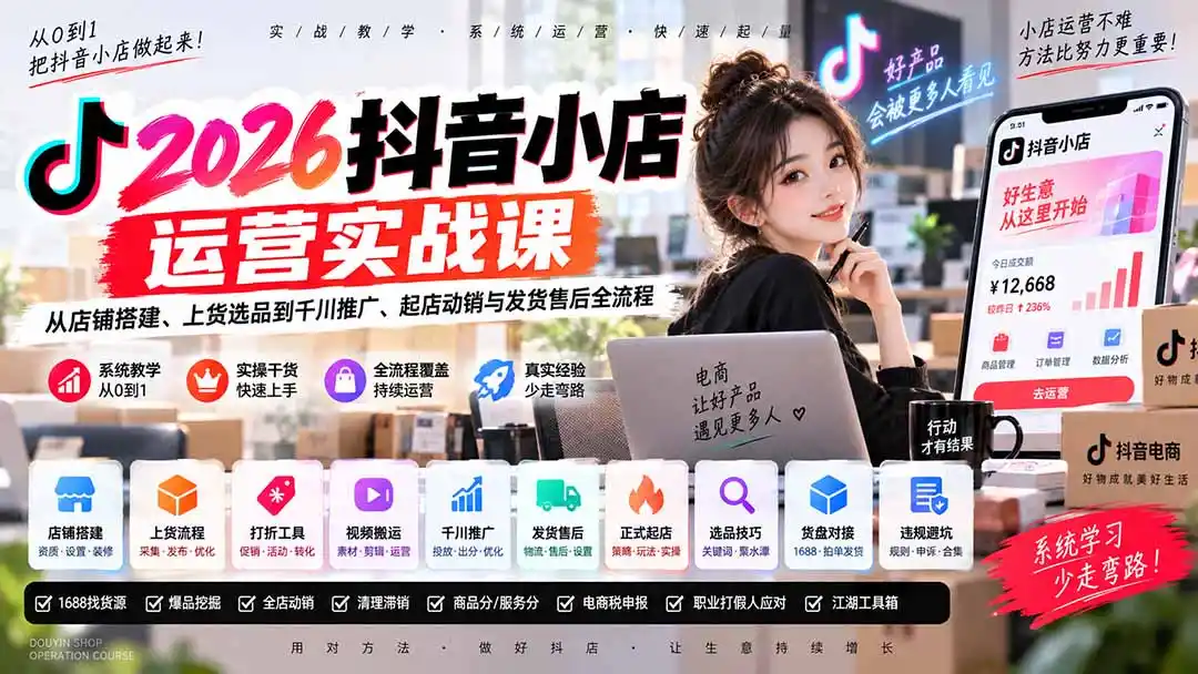 2026抖音小店运营实战课｜从店铺搭建、上货选品到千川推广、起店动销与发货售后全流程-副业淘金网
