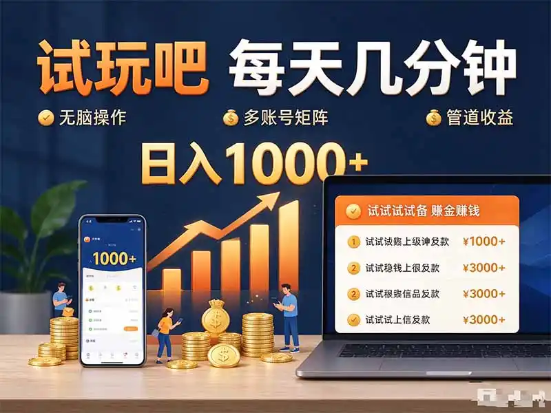 试玩吧每天几分钟日入1000+无脑操作，可矩阵并附有管道收益-副业淘金网