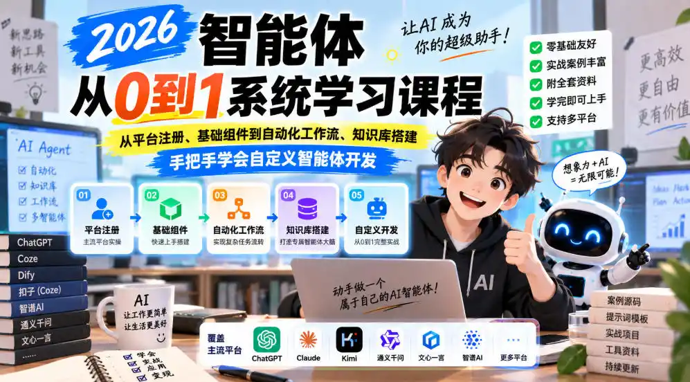 2026智能体从0到1系统学习课程，从平台注册、基础组件到自动化工作流、知识库搭建，手把手学会自定义智能体开发-副业淘金网