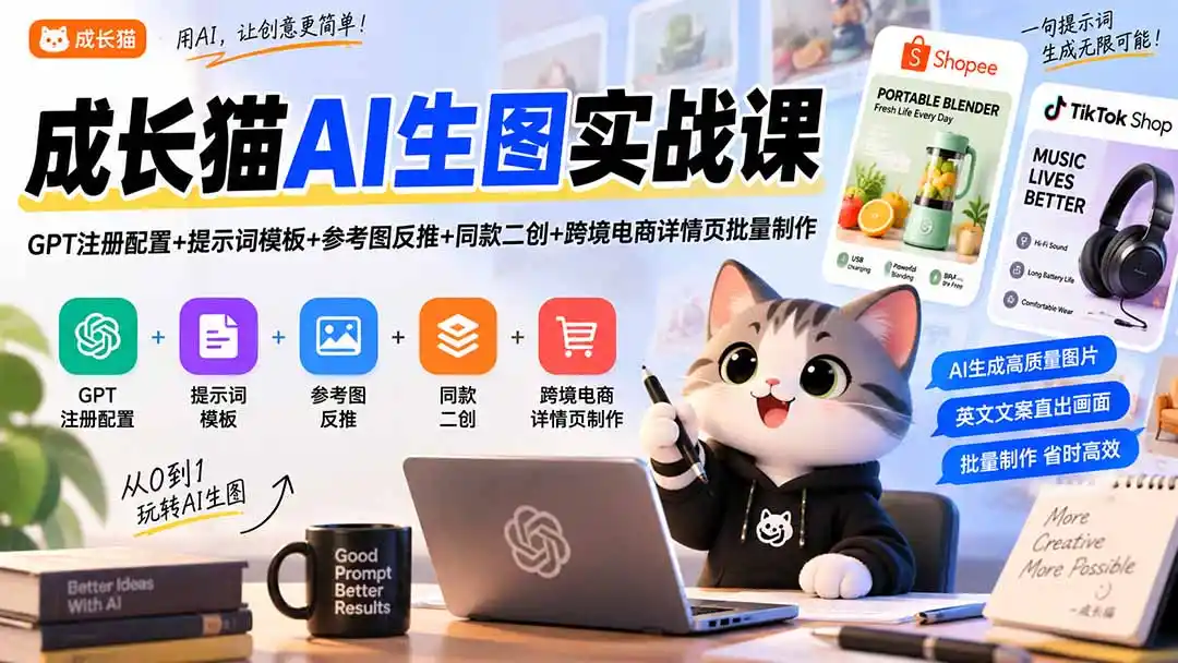 成长猫AI生图实战课｜GPT注册配置+提示词模板+参考图反推+同款二创+跨境电商详情页批量制作-副业淘金网