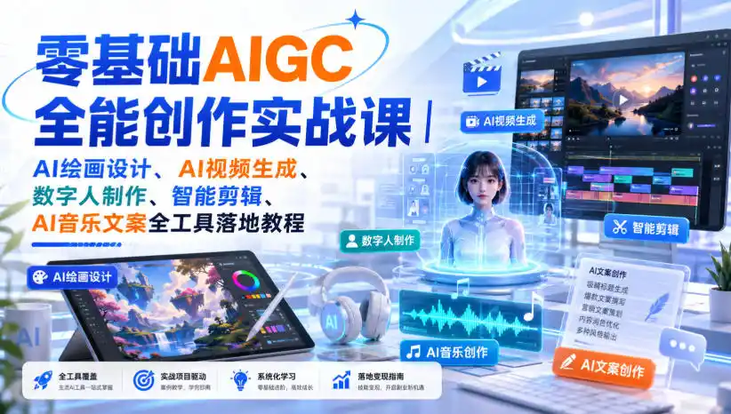零基础AIGC全能创作实战课|AI绘画设计、AI视频生成、数字人制作、智能剪辑、AI音乐文案全工具落地教程-副业淘金网