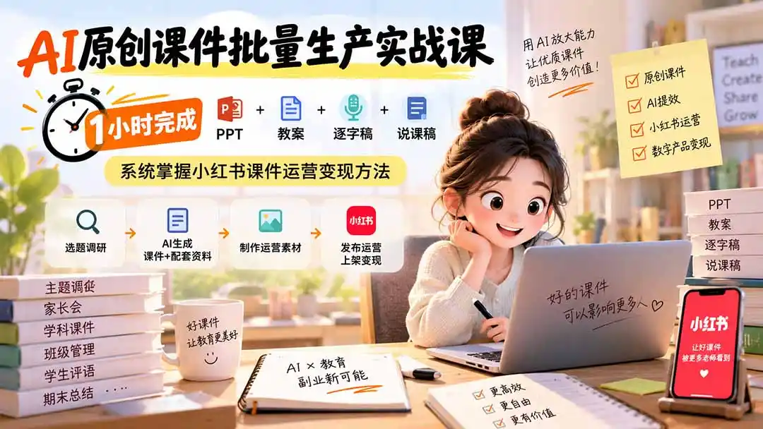 AI原创课件批量生产实战课：1小时完成PPT+教案+逐字稿+说课稿，系统掌握小红书课件运营变现方法-副业淘金网