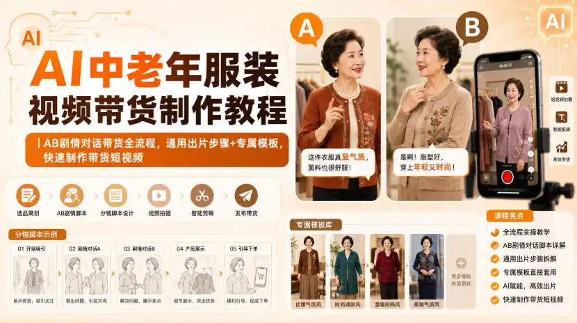 AI中老年服装视频带货制作教程｜AB剧情对话带货全流程，通用出片步骤+专属模板，快速制作带货短视频-副业淘金网