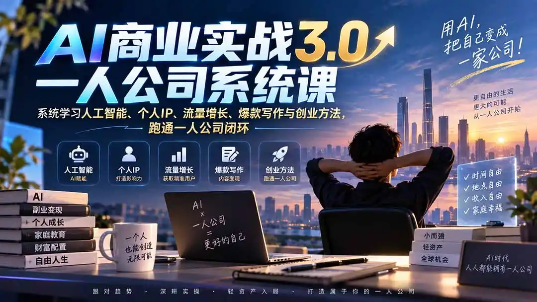 AI商业实战3.0一人公司系统课：系统学习人工智能、个人IP、流量增长、爆款写作与创业方法，跑通一人公司闭环-副业淘金网
