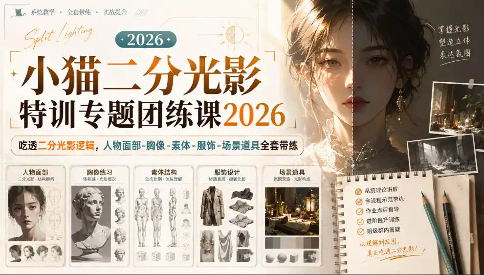 小猫二分光影特训专题团练课2026｜吃透二分光影逻辑，人物面部‑胸像‑素体‑服饰‑场景道具全套带练，高清画质附赠课件与笔刷-副业淘金网