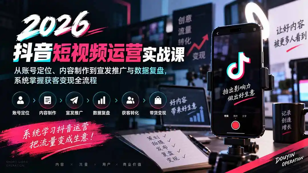 2026抖音短视频运营实战课：从账号定位、内容制作到宣发推广与数据复盘，系统掌握获客变现全流程-副业淘金网