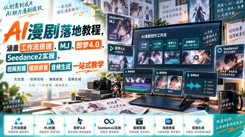 AI漫剧落地教程，涵盖工作流搭建、MJ、即梦4.0、Seedance2实操，视频剪辑画质修复音频生成一站式教学-副业淘金网