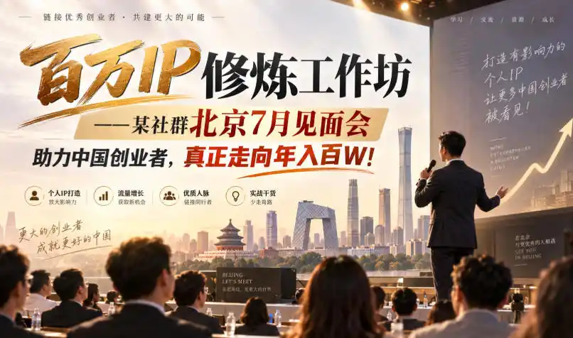 百万IP修炼工作坊——某社群北京7月见面会，助力中国创业者，真正走向年入百W!-副业淘金网