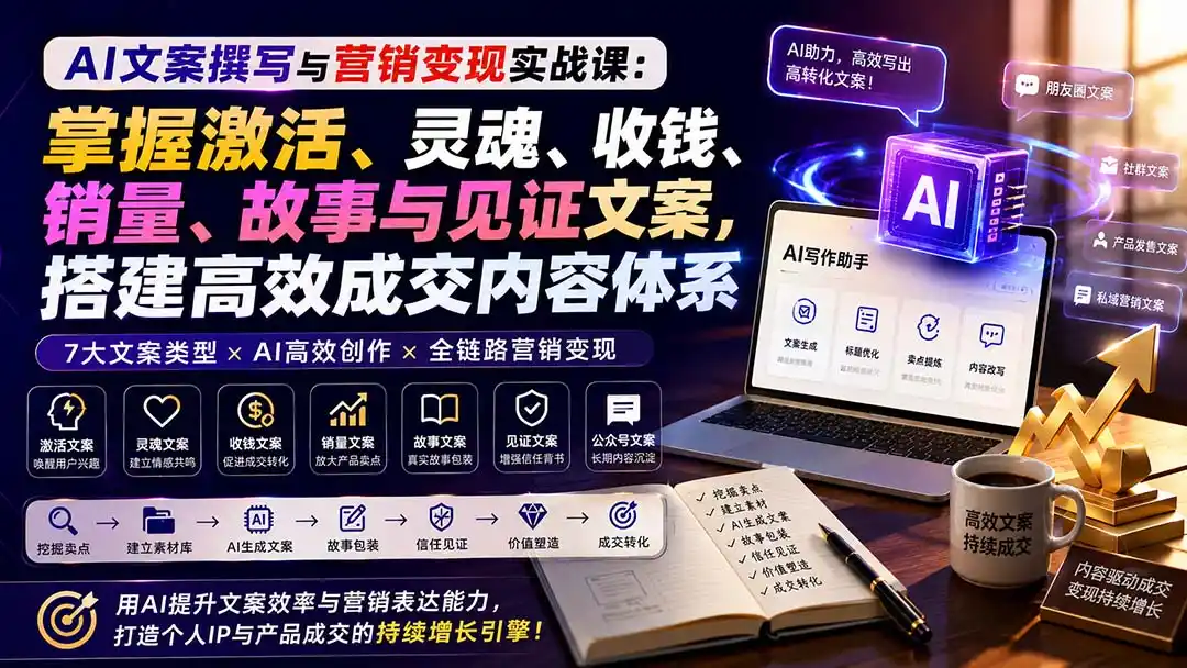 AI文案撰写与营销变现实战课：掌握激活、灵魂、收钱、销量、故事与见证文案，搭建高效成交内容体系-副业淘金网