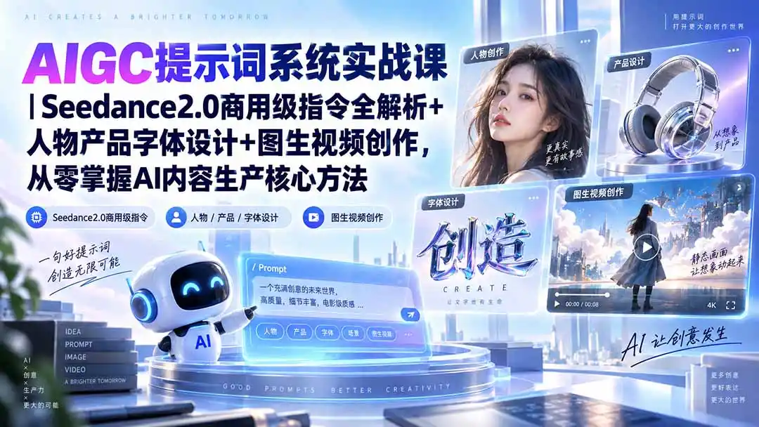 AIGC提示词系统实战课-无水印｜Seedance2.0商用级指令全解析+人物产品字体设计+图生视频创作，掌握AI内容生产方法-副业淘金网