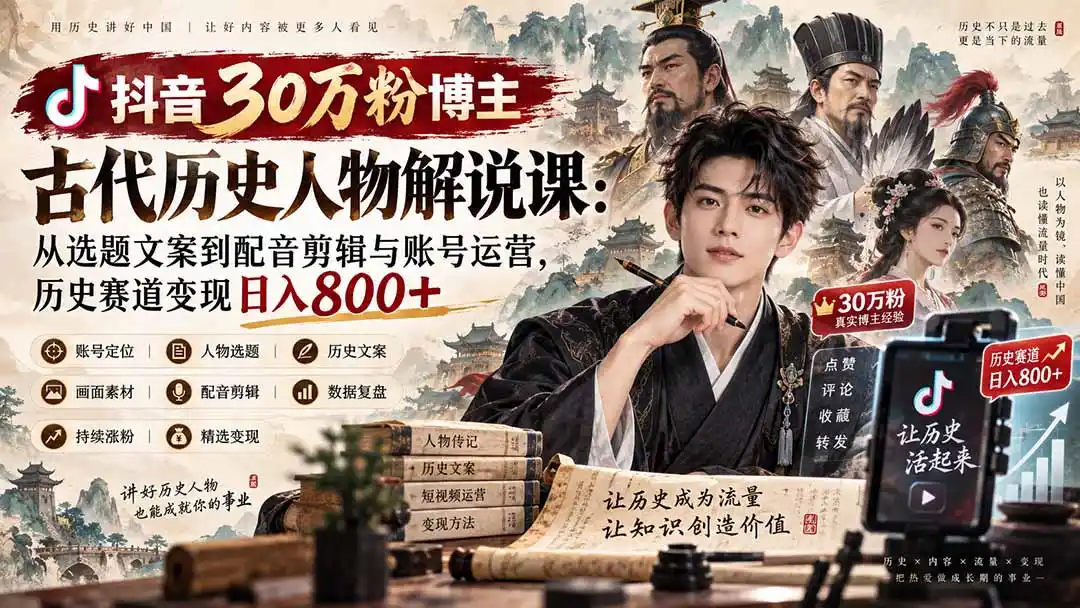 抖音30万粉博主古代历史人物解说课：从选题文案到配音剪辑与账号运营，历史赛道变现日入800+-副业淘金网