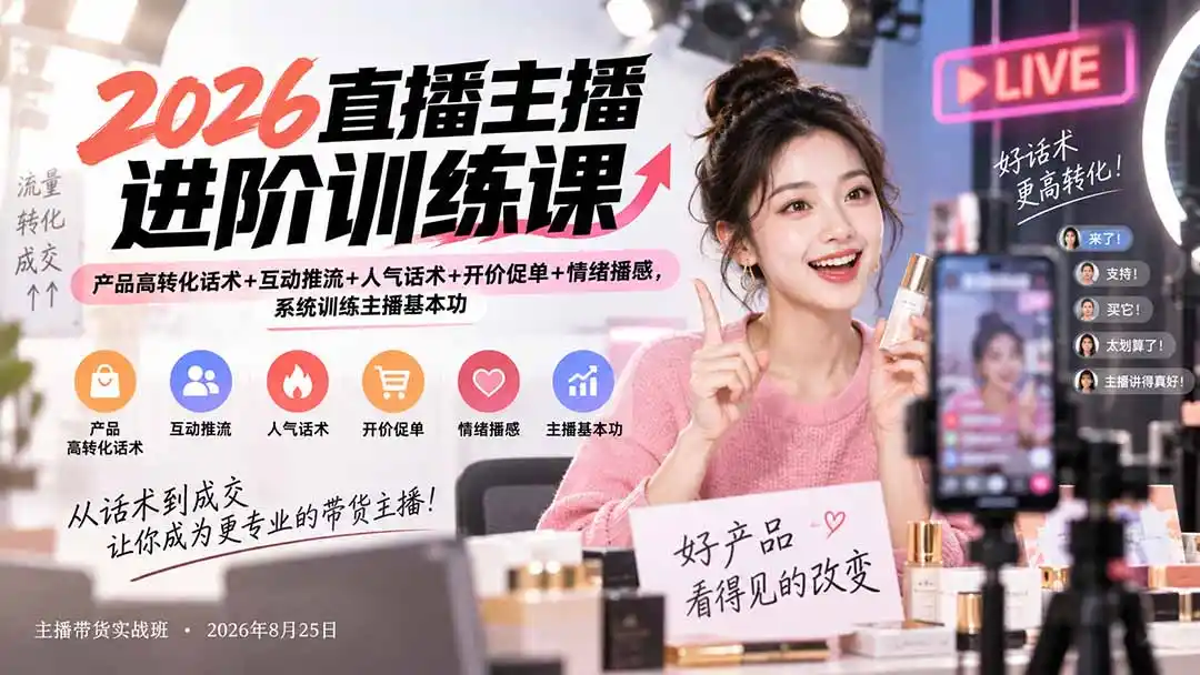 2026直播主播进阶训练课：产品高转化话术+互动推流+人气话术+开价促单+情绪播感，系统训练主播基本功-副业淘金网