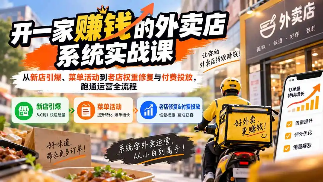 开一家赚钱的外卖店系统实战课：从新店引爆、菜单活动到老店权重修复与付费投放，跑通运营全流程-副业淘金网