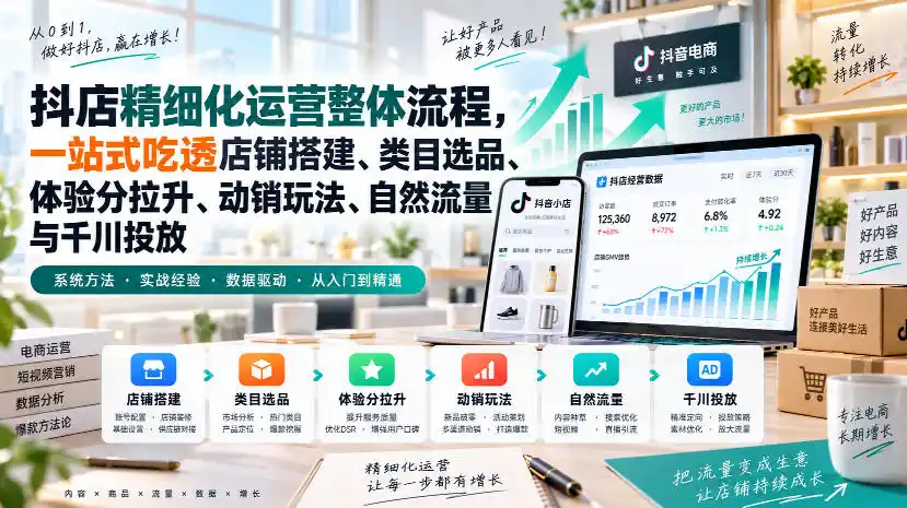 李哥电商-抖店精细化运营整体流程，一站式吃透店铺搭建、类目选品、体验分拉升、动销玩法、自然流量与千川投放-副业淘金网
