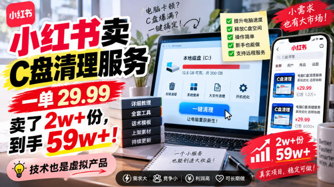 小红书卖C盘清理服务，一单29.99，卖了2w+份，技术也是虚拟产品-副业淘金网