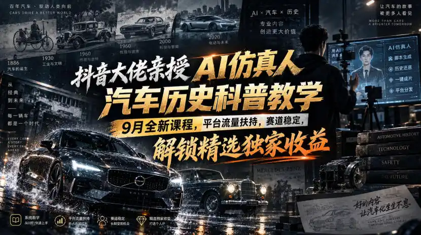 抖音大佬亲授AI仿真人汽车历史科普教学，9月全新课程，平台流量扶持，赛道稳定，解锁精选独家收益-副业淘金网