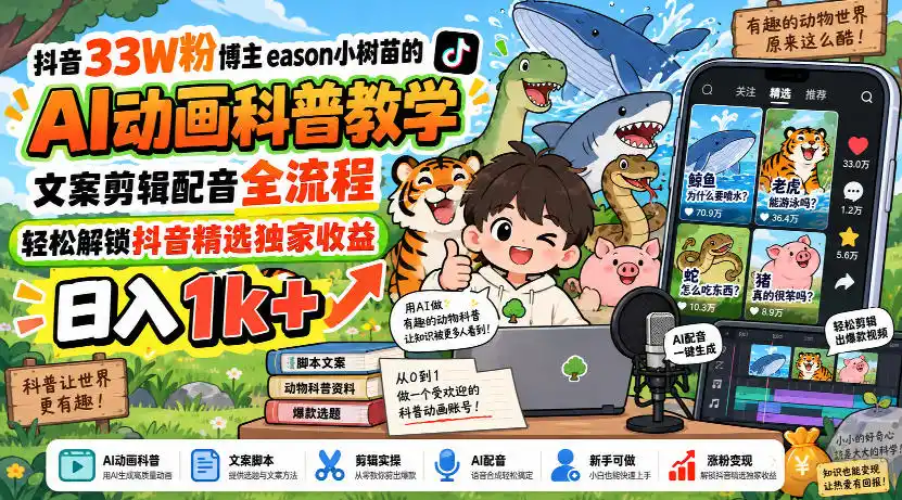 抖音33W粉博主eason小树苗的AI动画科普教学，文案剪辑配音全流程，轻松解锁抖音精选独家收益，日入1k+-副业淘金网