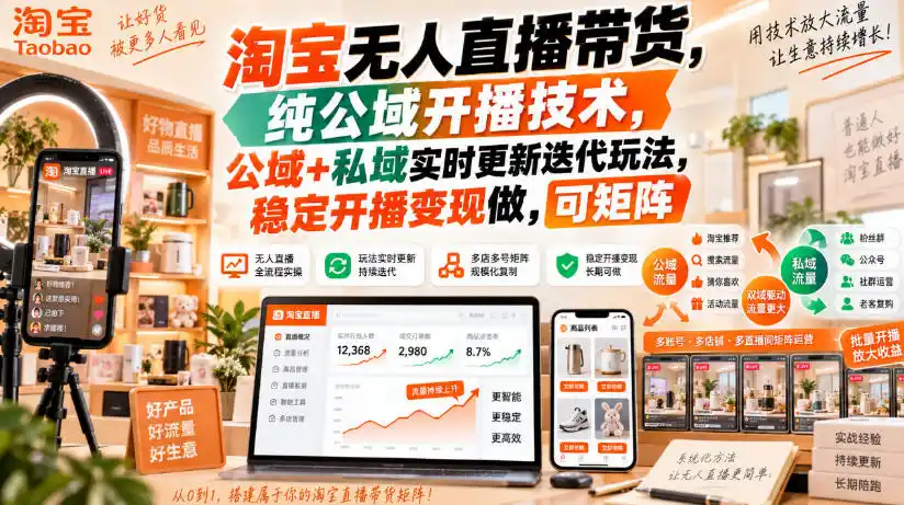 淘宝无人直播带货，纯公域开播技术，公域+私域实时更新迭代玩法，稳定开播变现做，可矩阵【揭秘】-副业淘金网