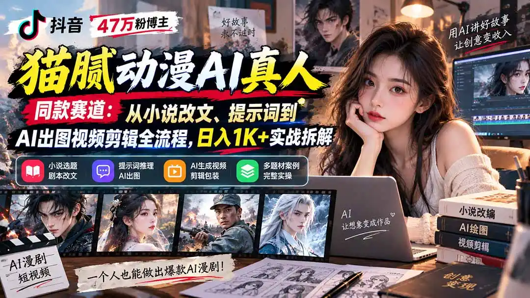 抖音47万粉博主猫腻动漫AI真人同款赛道：从小说改文、提示词到AI出图视频剪辑全流程，日入1K+实战拆解-副业淘金网
