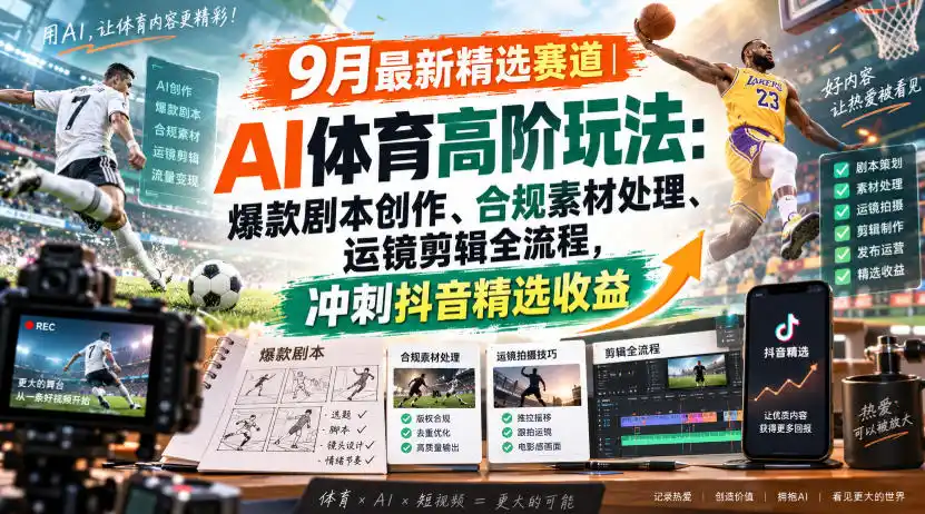 某大佬的9月最新精选赛道之AI体育顶级玩法，爆款剧本创作、版权规避、运镜剪辑全流程，稳拿抖音精选收益-副业淘金网