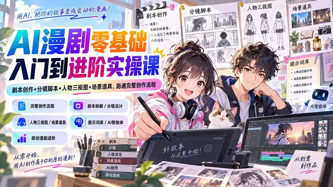 AI漫剧零基础入门到进阶实操课：剧本创作+分镜脚本+人物三视图+场景道具，跑通完整创作流程-副业淘金网