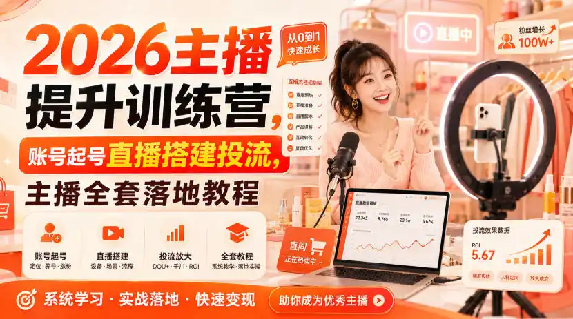 2026主播提升训练营，账号起号直播搭建投流，主播全套落地教程-副业淘金网