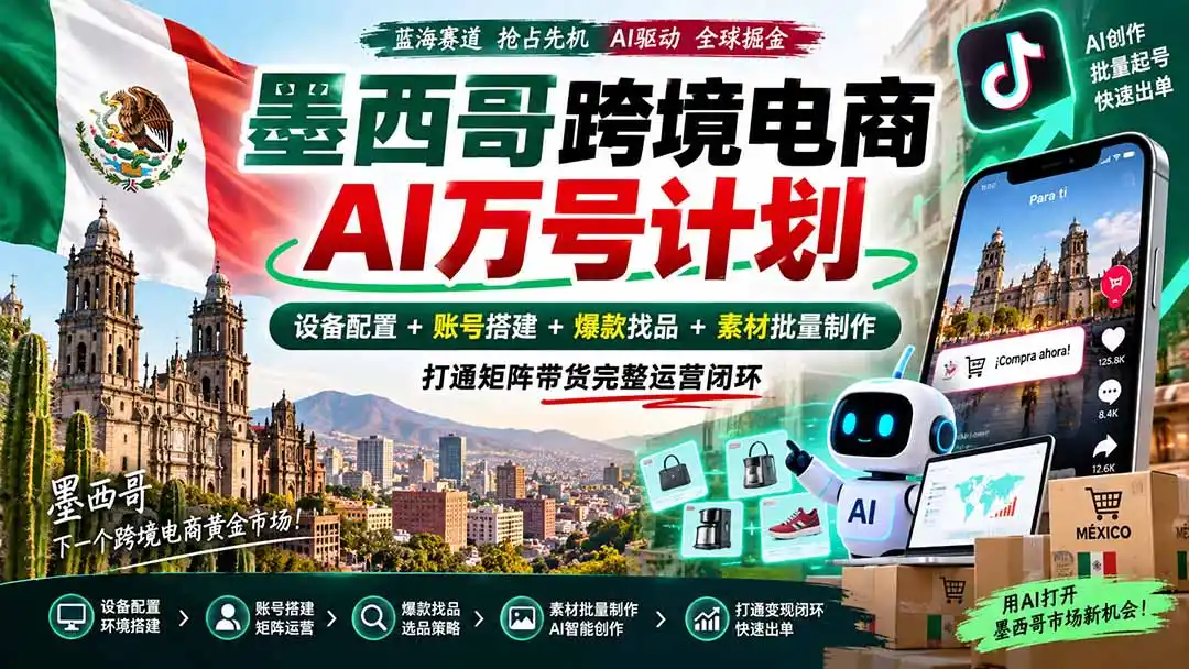 墨西哥AI跨境电商万号计划｜设备配置+账号搭建+爆款找品+素材批量制作，打通矩阵带货完整运营闭环-副业淘金网