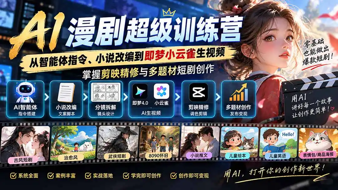 AI漫剧超级特训营：从智能体指令、小说改编到即梦小云雀生视频，掌握剪映精修与多题材短剧创作-副业淘金网