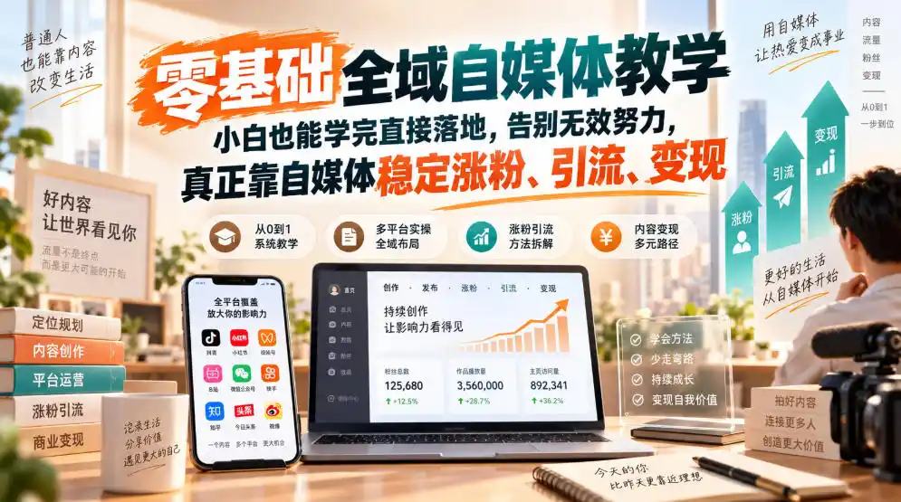 零基础全域自媒体教学，小白也能学完直接落地，告别无效努力，真正靠自媒体稳定涨粉、引流、变现-副业淘金网