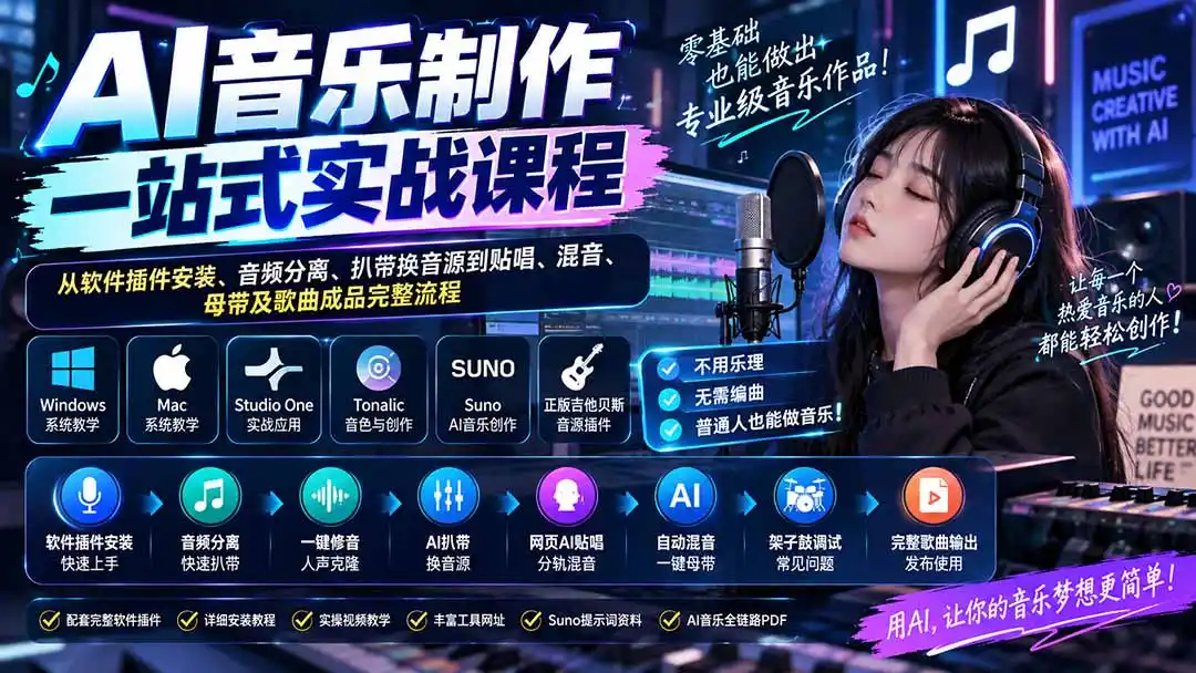 AI音乐制作一站式实战课程：从软件插件安装、音频分离、扒带换音源到贴唱、混音、母带及歌曲成品完整流程-副业淘金网