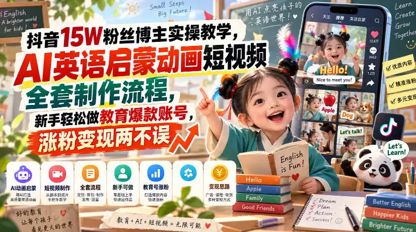 抖音15W粉丝博主实操教学，AI英语启蒙动画短视频全套制作流程，新手轻松做教育爆款账号，涨粉变现两不误-副业淘金网