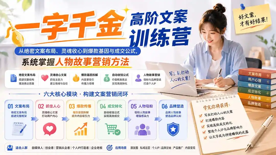 一字千金高阶文案训练营：从绝密文案布局、灵魂收心到爆款基因与成交公式，系统掌握人物故事营销方法-副业淘金网