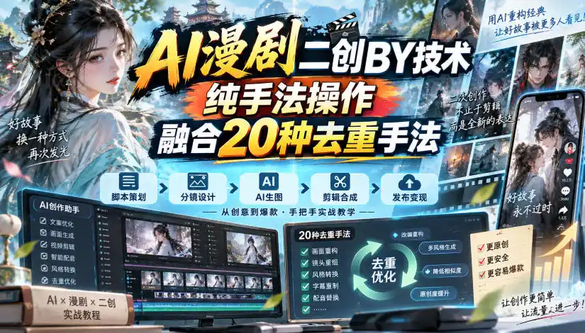 AI漫剧二创搬运技术，纯手法操作，融合20种去重手法-副业淘金网